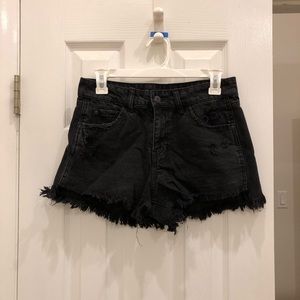 Black denim frayed shorts